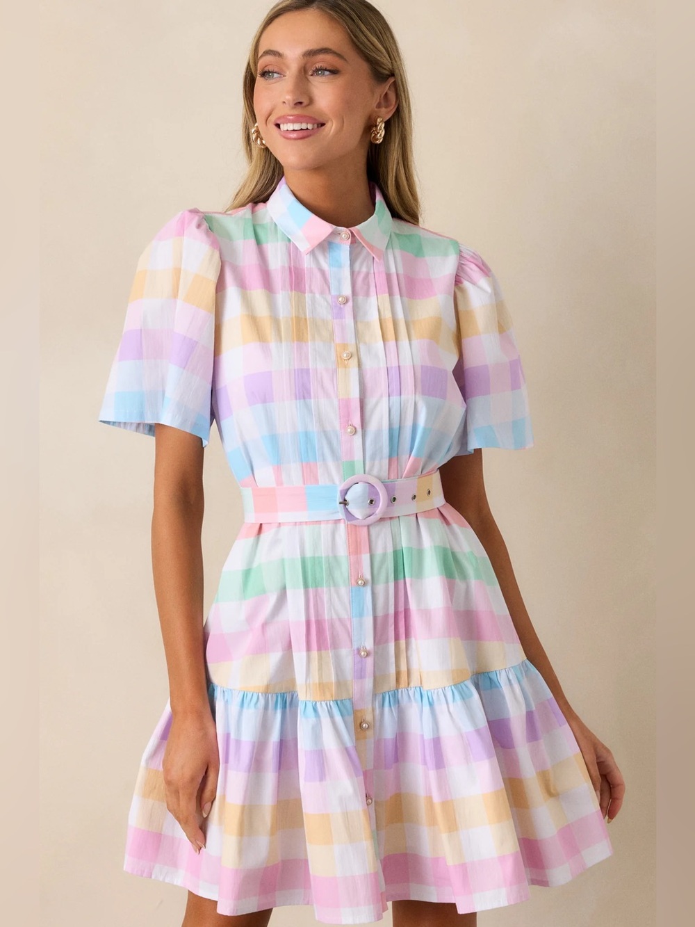 Red Dress Boutique Pastel Plaid Midi Shirt Dress - Pink Multi